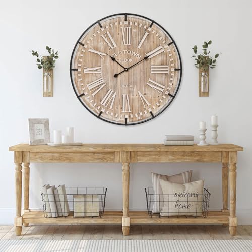 Farmhouse Wall Clock 30 Inch - Rustic Wood Metal Decor, Silent Sweep, Battery Operated for Living Room Kitchen Office, Brown - size: 30 Inch