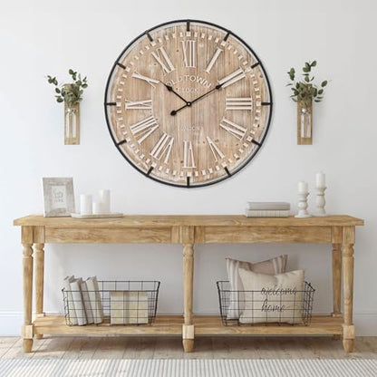 Farmhouse Wall Clock 30 Inch - Rustic Wood Metal Decor, Silent Sweep, Battery Operated for Living Room Kitchen Office, Brown - size: 30 Inch