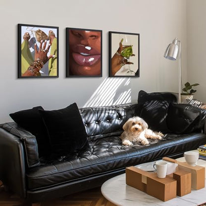 Hianan Wood Framed Fashion Black Woman Wall Art Set of 3, 12x16 in - color: Yellow-Green(Wood), size: 16"L x 12"W