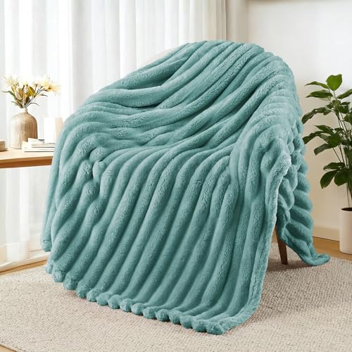 Exclusivo Mezcla Striped Fleece Throw Blanket for Couch, Sofa, Bed, 50"x60" - color: Celadon, size: Throw ( 50x60 IN )