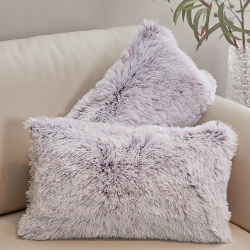 Cheer Collection Throw Pillows for Couch and Bed, Soft Shaggy Throw Pillows with Inserts Included, Cozy Long Hair Faux Fur Pillows - Set of 2-12" x 20" - Purple - color: Purple Ombre, size: 12" x 20"