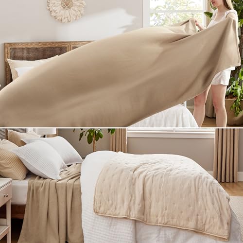 Bedsure 100% Cotton Blanket, Herringbone Weave, Oversized King, Light Brown - color: 00 - Light Brown, size: Oversized King