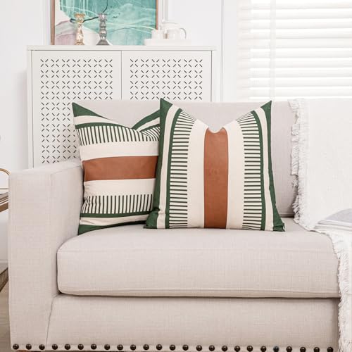 2 Pack 20x20 Pillow Covers - Brown Faux Leather & Olive Green Striped Soft Cotton, Same Pattern Both Sides | for Couch Sofa Bed, Farmhouse Industrial Decor - color: Olive Green and Beige, size: 20" x 20" (Pack of 2)