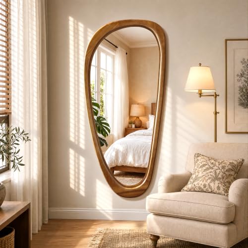 48" x 22" Asymmetrical Mirror, Solid Wood Frame, Irregular Design - color: Brown, size: 48"L x 22"W
