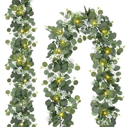 N&T NIETING 2 Pack Artificial Eucalyptus Garland with Lights, 6FT Artificial Greenery Summer Garlands, Battery Operated Twig Vine for Room Stairs Mantle Wedding Holiday Decoration Indoor Outdoor - size: 2