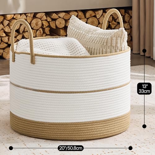 KAKAMAY Large Blanket Basket with Handles, Storage Basket for Living Room - color: Brown and White