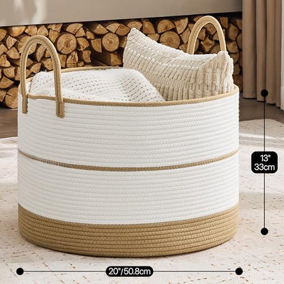 KAKAMAY Large Blanket Basket with Handles, Storage Basket for Living Room - color: Brown and White