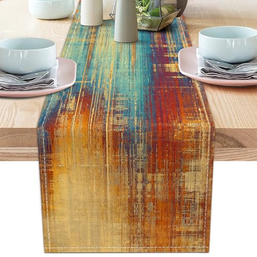 Long Table Runner Vintage Abstract Blue and Orange Table Runner Messy Rust Painting Farmhouse Coffee Table Runners for Kitchen Dining Table Home Decor 90in - color: Blue Orange, size: 13"x 90"