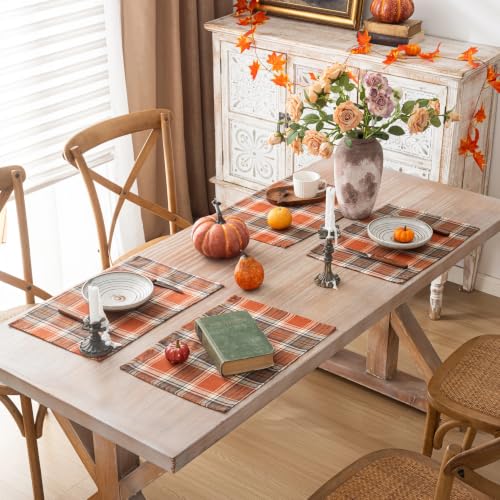AQOTHES Fall Plaid Placemats Set of 4, Orange Checkered Table Mats 12×18 - color: Orange