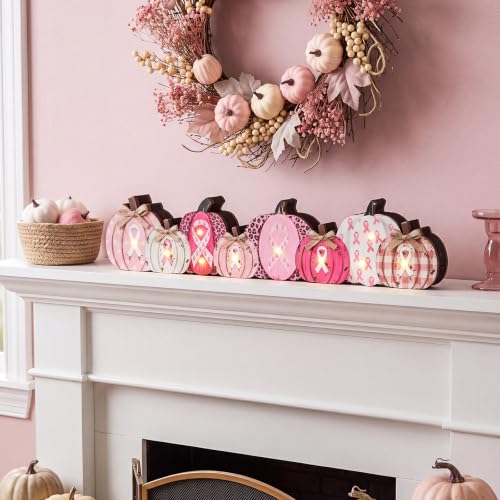 Yousoontic Breast Cancer Awareness Decorations, Pink Ribbon Wood Pumpkin - style: Breast Cancer Awareness
