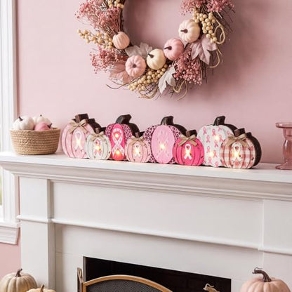 Yousoontic Breast Cancer Awareness Decorations, Pink Ribbon Wood Pumpkin - style: Breast Cancer Awareness