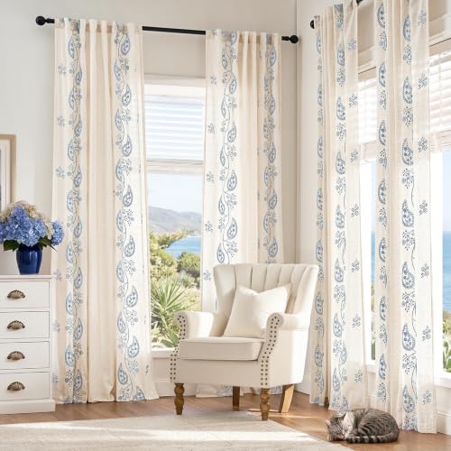 jinchan Linen Curtains 84 Inch Blue Floral Drapes Back Tab 2 Panels Set - color: Blue on Beige, size: 50"W x 84"L (Pack of 2)