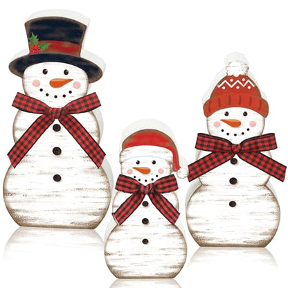 3 Pcs Christmas Snowman Wooden Table Decorations Winter Snowman Tabletop Centerpiece Wood Block Sign Rustic Farmhouse Xmas Tiered Tray Decor for Christmas Winter Holiday Home Office Shelf Party Decor