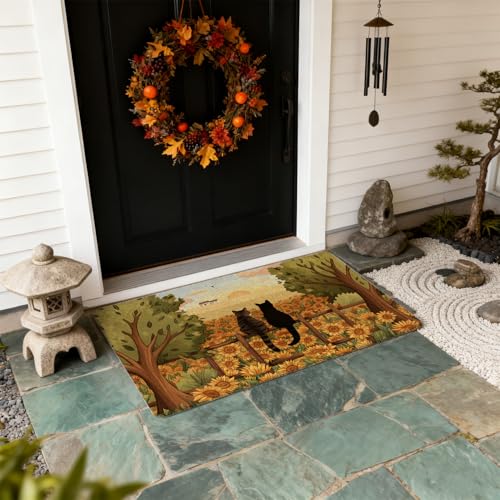 Sunflower Floral Tabby Black Cat Door Mat Outdoor Indoor Entrance Entryway 17x30 in - Farmhouse Summer Funny Cats Welcome Mat for Front Door Porch, Housewarming Gifts Idea for Cat Lovers637 - color: Fcolor001