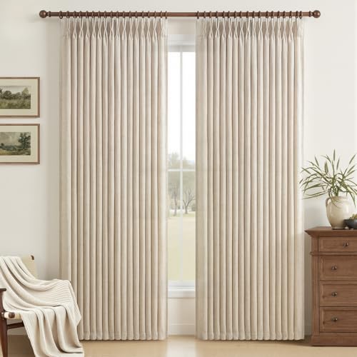 Pinch Pleated Semi Sheer Natural Linen Curtains 96 Inches Long for Living Room, Memory Trained Light Filtering 8FT Length Viral Windows Drapes Privacy Bedroom Modern Curtain 2 Panels Set Hooks Rings - color: Natural, size: 50"W x 96"L (Pack of 2)