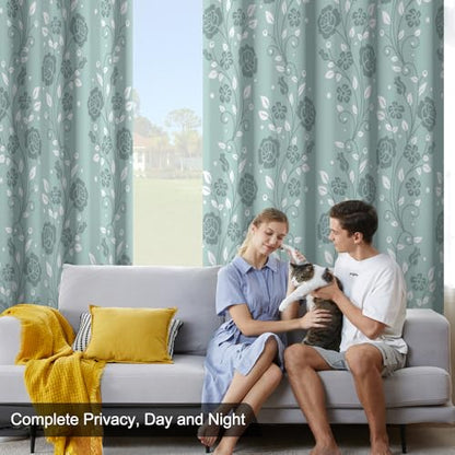 Mint Green Floral Blackout Curtains for Bedroom and Living Room, Farmhouse Summer Thermal Insulated Curtains 84 Inch Length 2 Panels Set, Room Darkening Black Out Bedroom Curtains with Two Tiebacks - color: Floral Pattern3