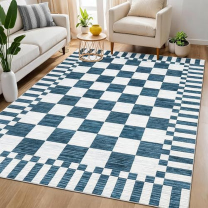 Garvee Area Rugs 9x12 Living Room Washable Rug Checkered Rugs - color: Modern Plaid - Blue, size: 9' x 12' (Rectangular)