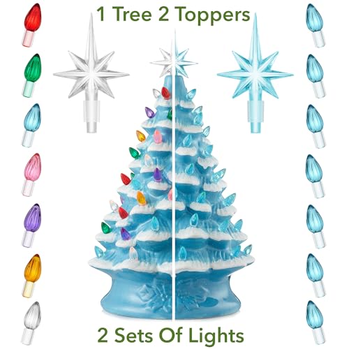 Casafield Hand Painted Ceramic Christmas Tree, Blue Snow Flocked 15-Inch Pre-Lit Tree with 128 Multi Color Lights and 2 Star Toppers - color: Blue Snow Flocked