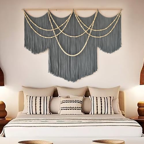 Large Macrame Wall Hanging Grey Boho Wall Art Beaded Decor 57"W*39"L - color: Gray1