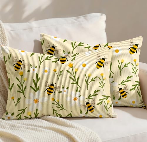 Corduroy Lumbar Pillow Covers 20x12 Inch - Set of 2 Decorative Summer Spring Pillow Covers with Zipper Farmhouse Decor Cottage Throw Pillowcases for Couch Sofa Living Room Bedroom, Flower Bee - color: Flower Bee, size: 20" x 12" (Pack of 2)