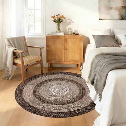 RUGSREAL Modern Bordered Round Area Rug 4ft Washable Bedroom Circle Rugs - color: Brown, size: 4' (Round)