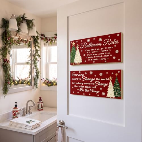 Jetec 2 Pcs Christmas Bathroom Decor Wooden Sign 12 x 6 Inch - style: Christmas Tree Style