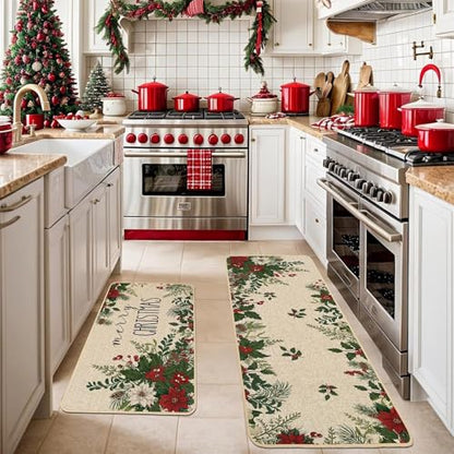 Baccessor Christmas Kitchen Rugs Set of 2, 17x29 and 17x47 Inch - color: Holly Berry