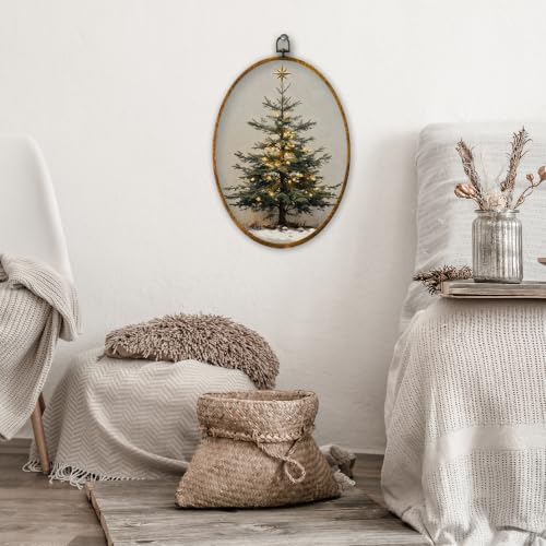 XPH Vintage Christmas Pine Tree Oval Wall Art Framed 8.6x11.4 Inch - color: Christmas51