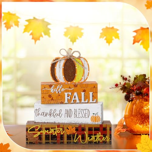 Geelin 4 Pcs Fall Pumpkin Wood Table Centerpiece Decor - style: Pumpkin