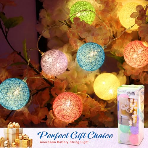 Anordsem Battery String Light Indoor: 6.88Ft/10 LED Cotton Ball Lanterns 2 Pack - Fairy Macaron Color Lighting Hanging Deco for Bedroom Party - Birthday Gifts for Babies Adults 25-50 - color: Macaron