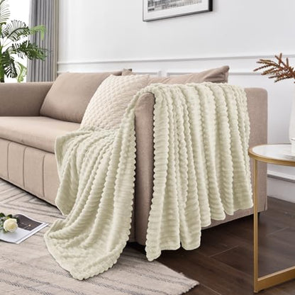 BEDELITE 3D Ribbed Jacquard Beige Blankets Queen Size for Bed, 90x90 Inch - color: Beige, size: Queen(90"x90")