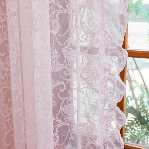 TUDECO Pink Lace Curtains 63 Inch Length, Romantic Ruffle Edges, 2 Panels - color: Pink, size: 59"W x 63"L (Pack of 2)