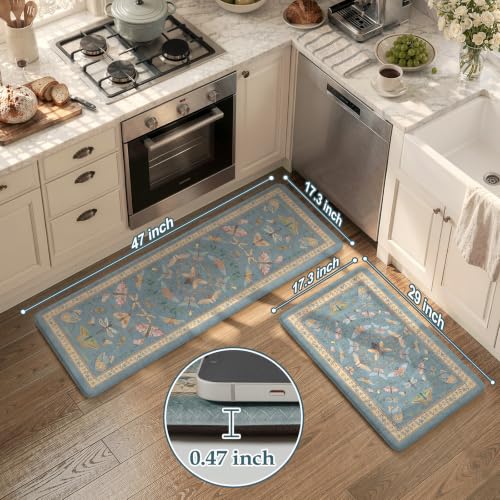 KIMODE Kitchen Mats Cushioned Anti Fatigue Kitchen Mats for Floor 2 Piece - color: Vintage Blue Botanical