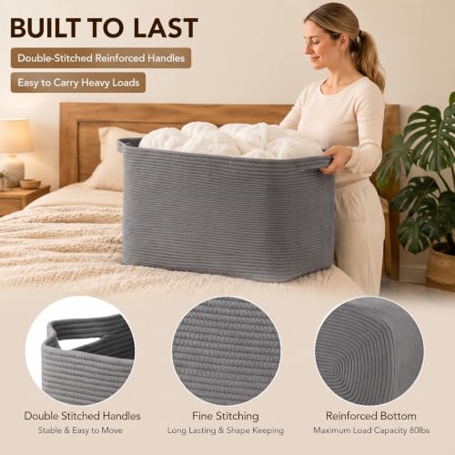 OIASKET 95L Extra Large Blanket Basket, 24" x 16.9" x 14.2" Woven Basket - color: Grey, size: 24"x16.9"x14.2"