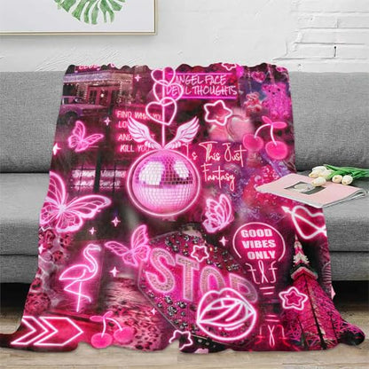 Blacklight Pink Collage Throw Blankets UV Reactive Aesthetic Throw Blanket Glow in the Dark Under Black Lights Game Room Decor Soft Throw Gifts 59x51 Inches - color: Bl Pink Collage