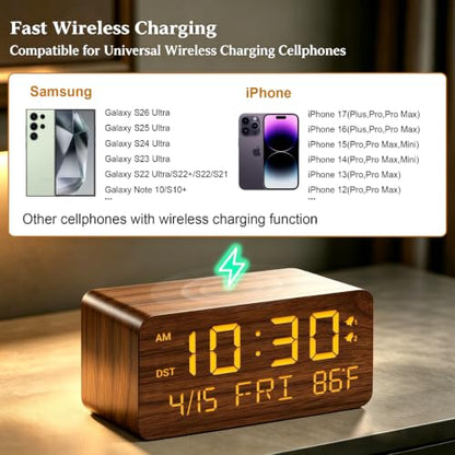 Premium Brown Wooden Digital Alarm Clock with Wireless Phone Charger, Dual USB Charging Ports, Dimmable LED Display, Date and Day of Week, Small Digital Desk Clock for Bedroom Nightstand Bedside Table - color: Brown