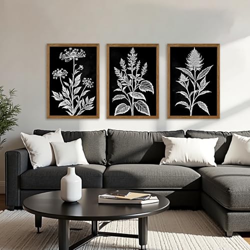 AVECCO 3 Pieces Black White Botanical Wall Art Canvas Framed 20x30 Inch - color: Dark, size: 30"L x 20"W