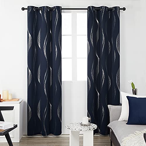 Deconovo Curtains for Living Room, Pattern Blackout Curtains 63 Inches Long - color: Silver Wave-navy Blue, size: 42"W x 63"L (Pack of 2)