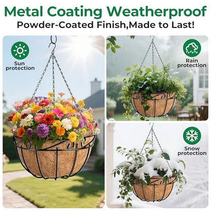 AMAGABELI Garden & Home 4 Pack 15 Inch Plant Hanging Baskets Metal Hanging Planter Flower Pots Outdoor Indoor Wire Hanging Basket for Plants with Coco Fiber Liners Chain for Garden Home Porch Decor