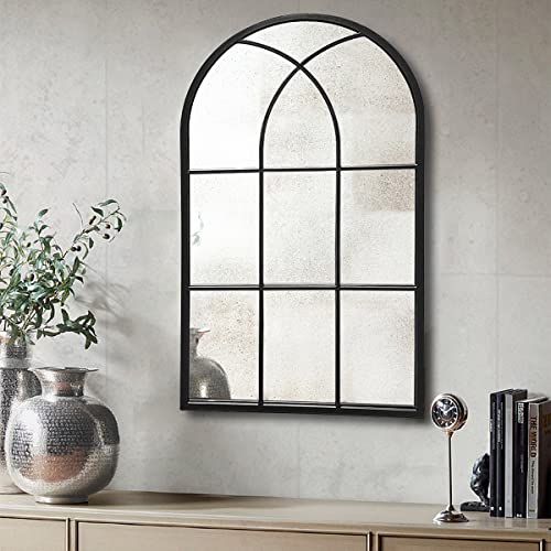 42"x 24" Arched Mirror, Window Wall Mirror, Windowpane Vanity Mirror, Metal Framed, Arched-Top Farmhouse Mirror, Rustic Decorative Mirrors - Black - color: Farmhouse Mirror-black, size: 42"L x 24"W