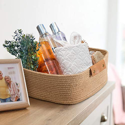 CHICVITA Large Woven Rope Gift Basket with Leather Handles, 20L, Jute - color: Jute, size: 14.5 x 13 x 6 Inch
