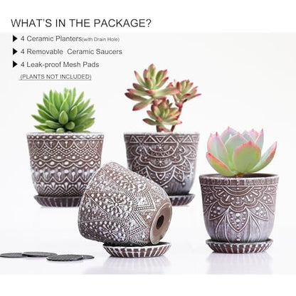 Gepege Ceramic Succulent Pots, 4 Inch Small Plant Pots with Drainage - color: Clay+white, size: 4 Inch - Set of 4