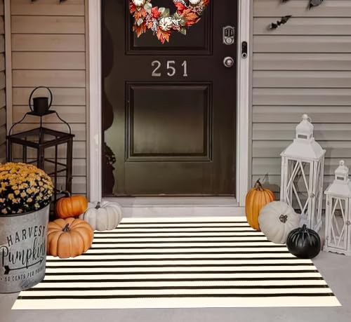 Black and Beige Layered Doormat 2.3'X3.6',Washable Striped Front Porch Rug - color: Beige Black, size: 2'4" x 3'7" (Rectangular)