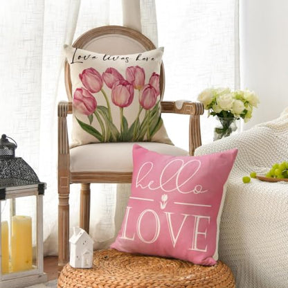 AVOIN colorlife Hello Love Pink Tulips Bicycle Throw Pillow Covers, 18 x 18 Inch Flowers Spring Mother's Day Cushion Case for Sofa Couch Set of 4 - size: 18" x 18" (Pack of 4)