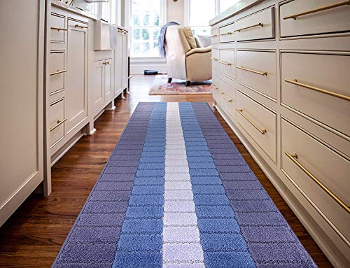 REMNAZ Wide Non-Slip Rubber Backed Hallway, Kitchen Runner Rug | 31 Inch x 7 ft Custom Size Cut to Length | No Rug Pad Needed | Stay Put, Flat Lay, Won't Curl | Coastal Multi-Blue - color: Squares / Blue, size: 31 inch Width X 7 Feet Length