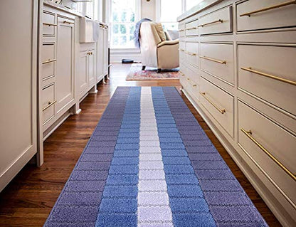 REMNAZ Wide Non-Slip Rubber Backed Hallway, Kitchen Runner Rug | 31 Inch x 7 ft Custom Size Cut to Length | No Rug Pad Needed | Stay Put, Flat Lay, Won't Curl | Coastal Multi-Blue - color: Squares / Blue, size: 31 inch Width X 7 Feet Length