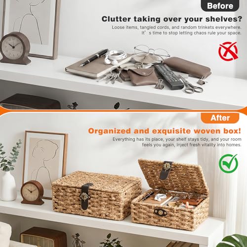 Storage Boxes with Lids, Set of 2 Water Hyacinth Wicker Baskets, Decorative Boxes for Home Decor, Coffee Table, Console Table and Bedroom, Magnetic Closures, Natural