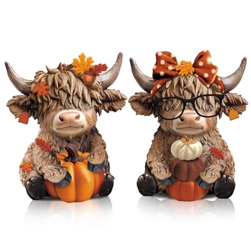 Karenhi 2 Pcs Fall Highland Cow Figurines Resin, Autumn Tabletop Decor - style: Autumn
