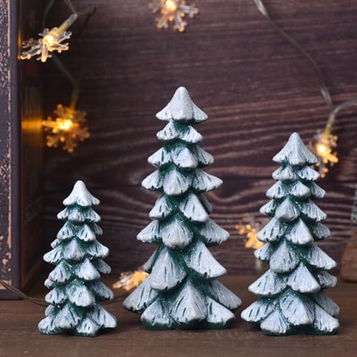 Resin Christmas Tree Figurines, 3pcs Snow-Dusted Tabletop Christmas Trees for Winter Decor, Rustic Christmas Table Decor, Holiday Table Centerpieces for Home, Shelf, Mantel (white-green)