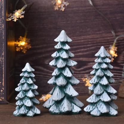 Resin Christmas Tree Figurines, 3pcs Snow-Dusted Tabletop Christmas Trees for Winter Decor, Rustic Christmas Table Decor, Holiday Table Centerpieces for Home, Shelf, Mantel (white-green)